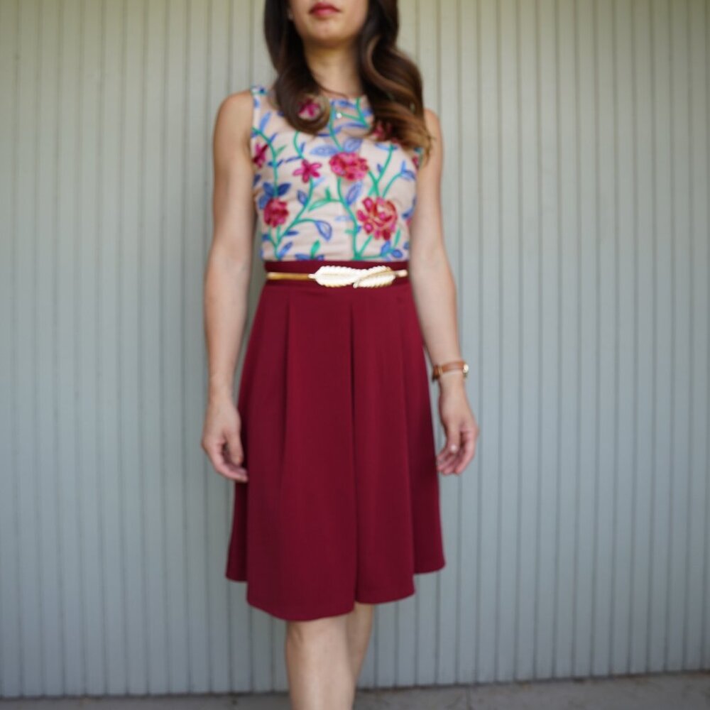 Burgundy Floral Embroidered Pleated Dress - Size Small